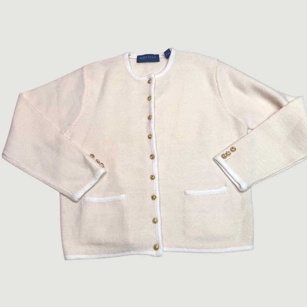 Vintage Karen Scott wool Cardigan Sweater PL Cream Gold Crest Button Trimmed
